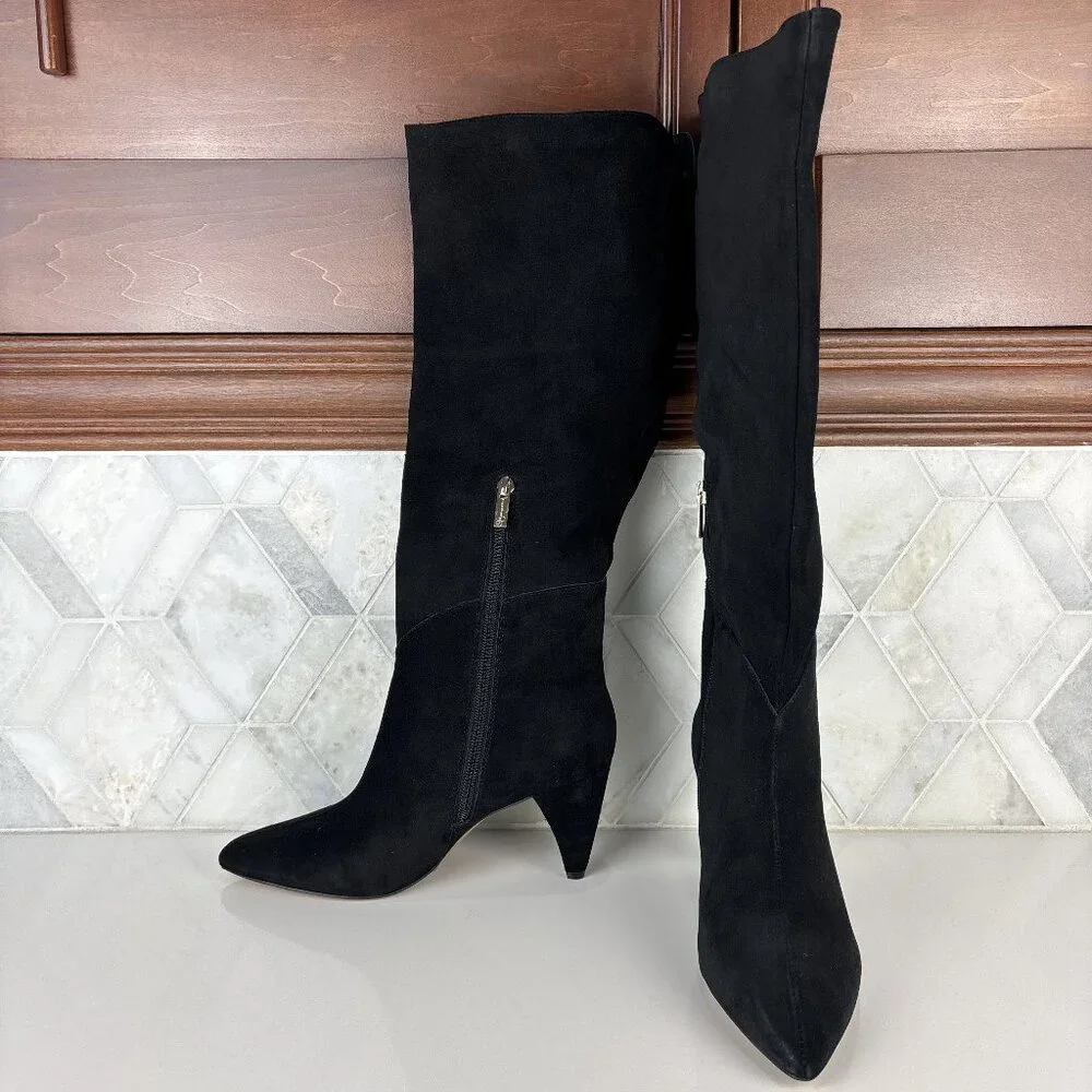 7.5 Tall Knee High Boot Black Leather Suede Cone Heel Pointed Toe Zip Bryle